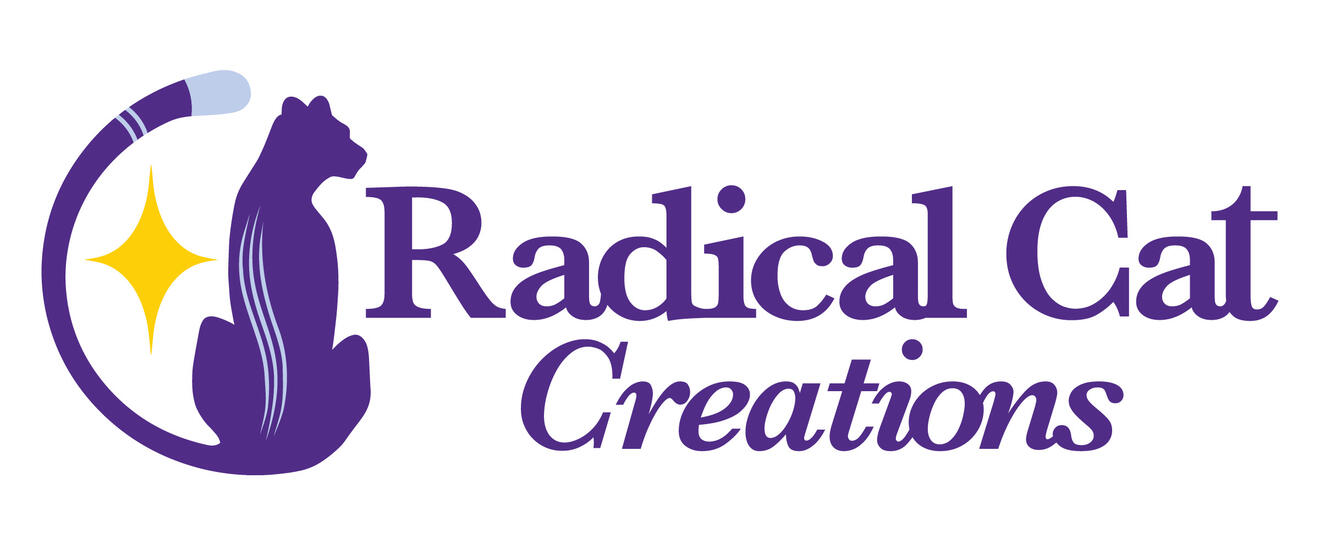 A purple cheetah with the tail curled around a yellow four point star, and “Radical Cat Creations” in purple.